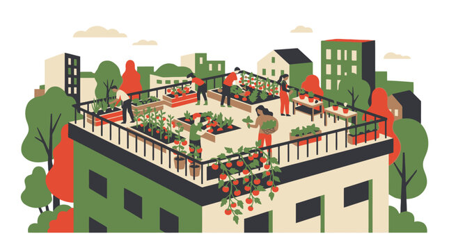 People gardening on urban rooftop farm illustration. EPS Editable. Vector Illustrations.