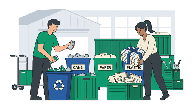 People sorting waste for recycling in a facility. EPS Editable. Vector Illustrations.
