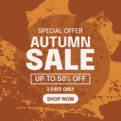 Obraz premium Autumn sale banner with traced fall leaf background, seasonal discount typography. Vintage template orange tones shopping promotions, retail marketing, advertising. Vector illustration