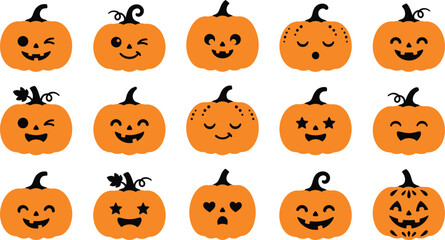 Naklejka premium Set of cute cartoon pumpkins with various funny and spooky facial expressions for halloween decoration and design projects