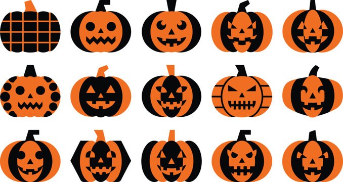 Set of fifteen hand drawn jack o lantern pumpkins with various spooky and funny faces for halloween design