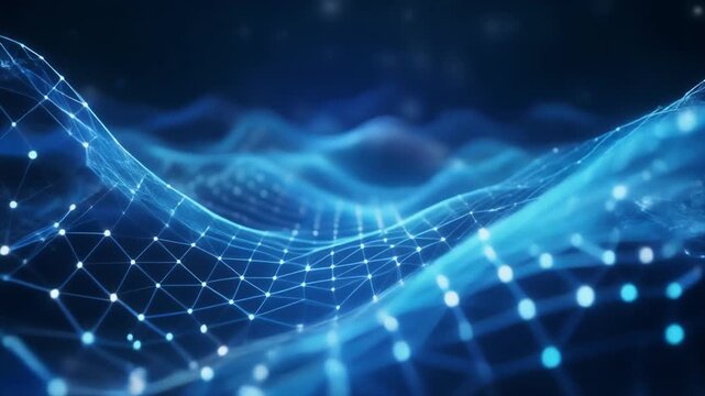 幻想的な青い光の波と接続ドットの間の抽象的なネットワーク空間