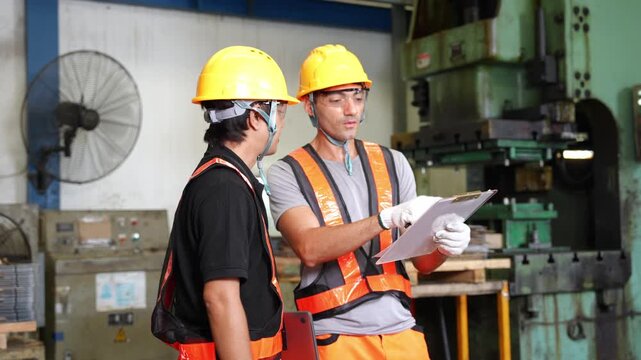 Team of construction workers working together and reviewing blueprints in an industrial environment