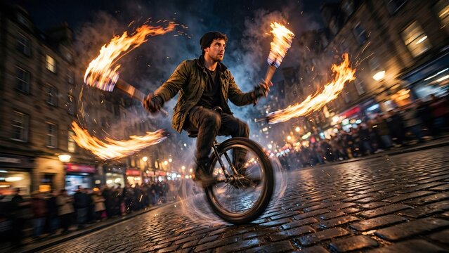 Dynamic street performer riding a unicycle while spinning flaming torches at night in a cobblestone city street with blurred onlookers