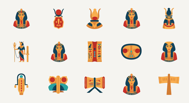 Set of flat vector icons representing ancient Egyptian culture and mythology symbols.