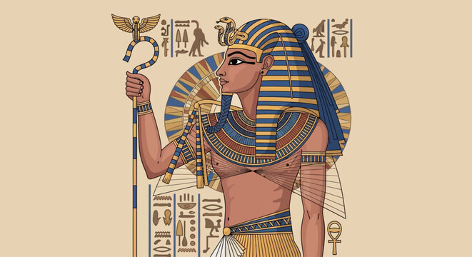 Illustration of an ancient Egyptian pharaoh holding a ceremonial staff with hieroglyphics background.
