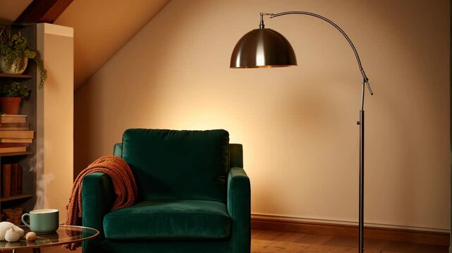 A warm and inviting living room setting featuring a green armchair, a floor lamp with a vintage lampshade, and wooden flooring. The room exudes comfort and relaxation.