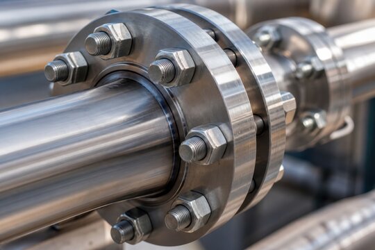 Industrial stainless steel pipe flange connection with heavy duty bolts and nuts, professional engineering hardware, metallic texture, precision manufacturing, plumbing infrastructure, close-up detail
