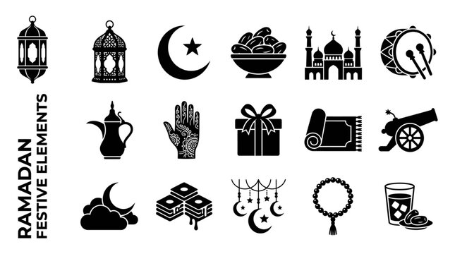 Set of black silhouette icons for Ramadan celebration featuring mosque lantern crescent moon drum dates and traditional festive elements