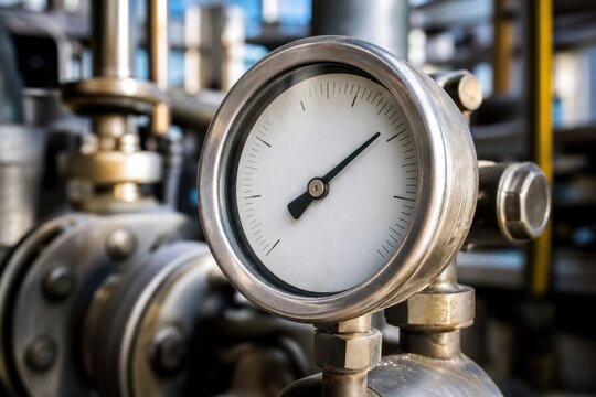 Pressure gauge close-up on industrial pipeline system, metallic dial measuring equipment in manufacturing plant, professional engineering hardware, mechanical precision, blurred refinery background,.