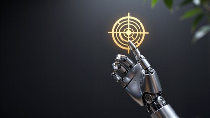 Obraz premium Robotic hand touches glowing target, symbolizing precision and technological advancement.