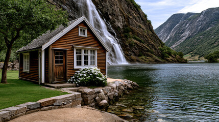 Fototapeta premium Charming wooden cabin waterfall mountain lake green grass serene nature peaceful scenic summer retreat