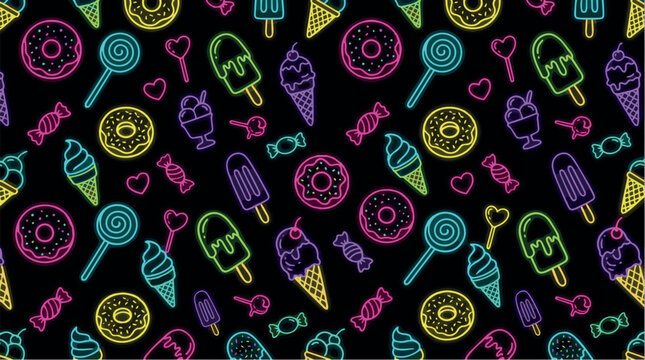 Seamless neon doodle sweet treats pattern on black background