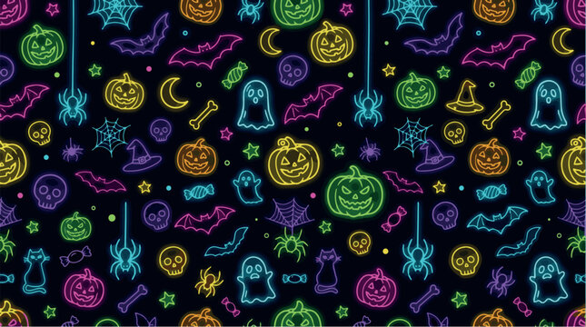 Seamless neon doodle halloween pattern on black background