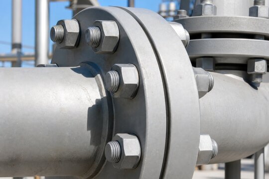 Industrial steel pipe flange connection with heavy duty bolts and nuts, close-up view of metallic pipeline infrastructure in refinery plant, professional engineering hardware, durable construction.