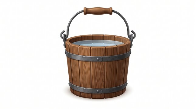 Vintage wooden bucket brimming with fresh water, featuring durable metal straps and a sturdy handle, presented as a detailed isolated graphic illustration for various design needs