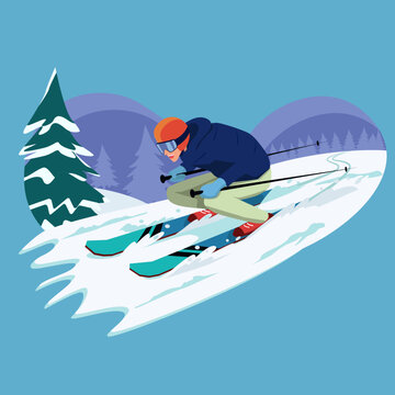 Flat vector illustration of a skier riding down a heart-shaped snowy slope with pine trees and purple mountains in the background