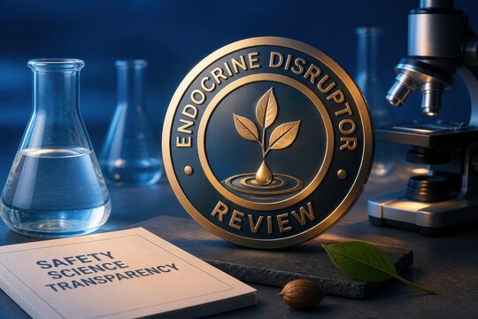 Endocrine disruptor review concept with laboratory glassware and safety science transparency
