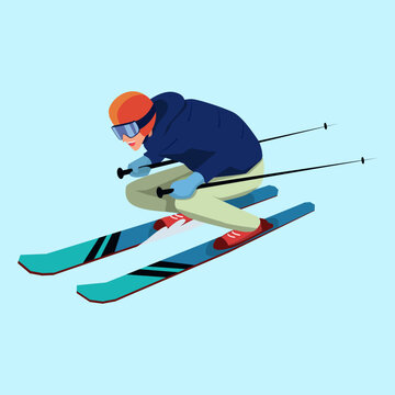 Isolated vector illustration of a man skiing downhill in winter sport gear, flat character design with dynamic pose
