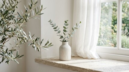 Fototapeta premium Minimalist home decor: Eucalyptus branches in a vase on a windowsill with natural light and olive branch