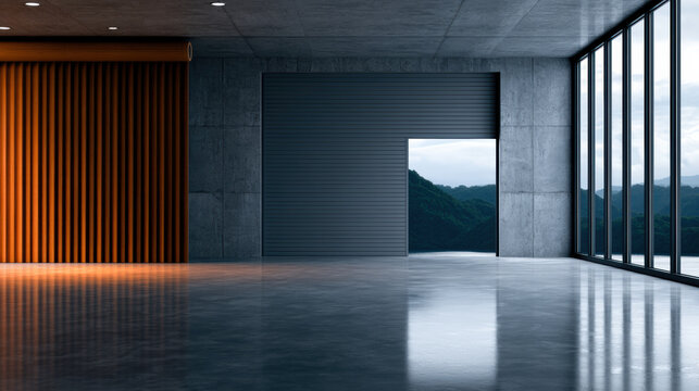 Modern warehouse interior with polished concrete floor, large glass windows, orange metal wall, and open roller door revealing mountain view