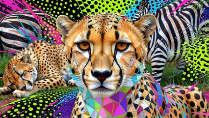 Obraz premium Cheetahs with vibrant geometric patterns, zebras in background, colorful abstract overlays.