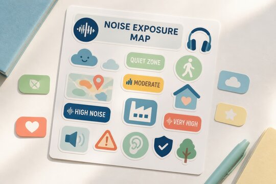 Noise exposure map infographic with safety icons