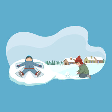 Vector illustration of two children playing in the snow, one making a snow angel and one rolling snowballs, with a winter village and pine trees in the background