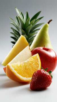 Fresh pineapple pear apple orange strawberry fruit slice, vibrant healthy snack, juicy tropical flavor, natural sweet dessert