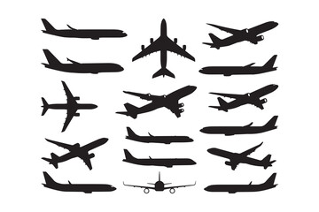 Fototapeta premium Airplane vector silhouette set isolated on white background passenger plane collection
