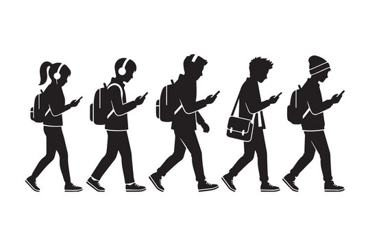 Silhouette vector of young students walking and looking down at smartphones isolated on white background