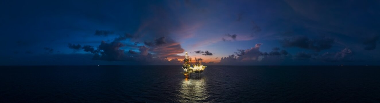 Aerial panoramic view of offshore jack up rig and offshore platform