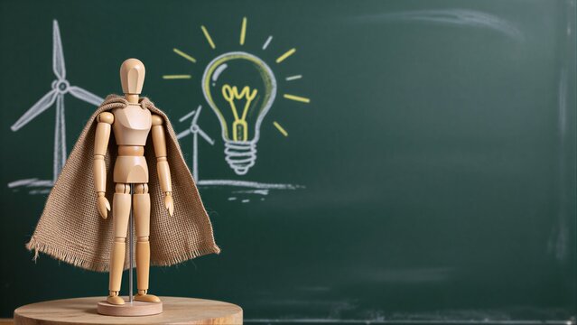 Wooden figure in cape stands before chalkboard with wind turbines and a glowing lightbulb.