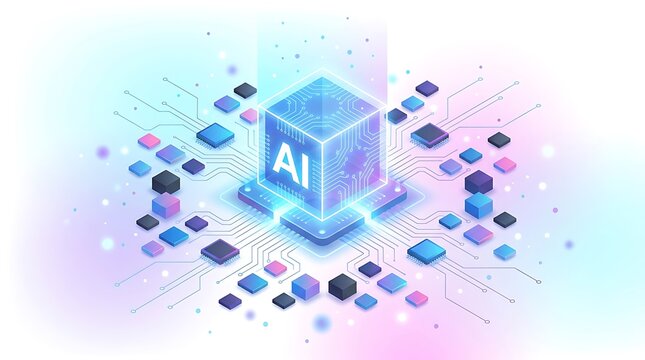 AI technology cube with circuits and processors in neon blue and pink