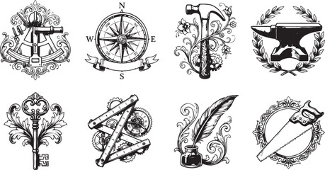Obraz premium Decorative vintage emblems featuring nautical and craft tools including sextant, compass, hammer, anvil, key, measuring ruler, quill, and hand saw
