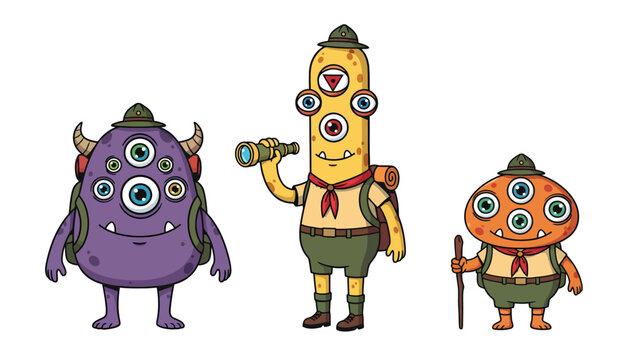 Three cartoon scout monsters with multiple eyes and scout hats, ready for adventure.