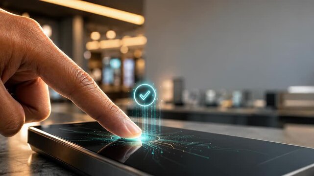 Finger touching smartphone screen with digital checkmark icon symbolizing secure access technology innovation and modern interaction cozy indoor