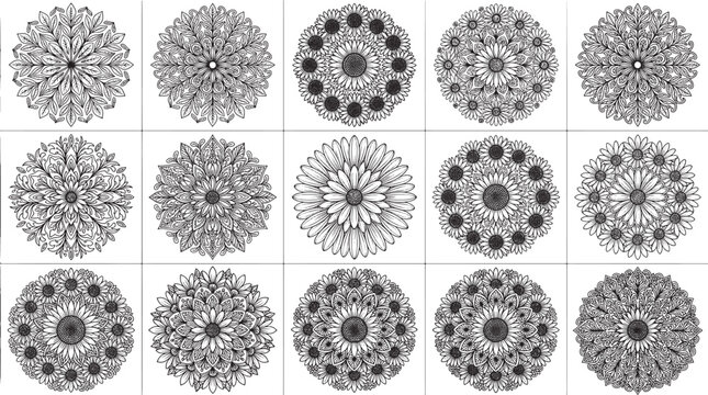 Set of fifteen circular mandala patterns featuring diverse floral and leaf motifs in black ink on a white background, collection