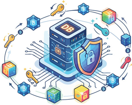 Secure database server protection with isometric shield and keys for cyber security data storage management system concept illustration