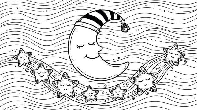 Cute sleeping crescent moon vector illustration wearing a nightcap surrounded by smiling little stars on a textured wavy sky background pattern.