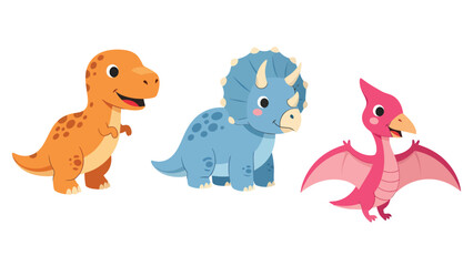 Fototapeta premium Three cute cartoon dinosaurs, including a Tyrannosaurus Rex, Triceratops, and Pterodactyl, isolated on a white background.