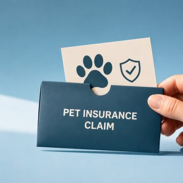 Pet insurance claim concept with envelope and approval icons in a business workflow