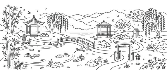 Fototapeta premium Japanese zen garden landscape coloring page, traditional asian park scene.