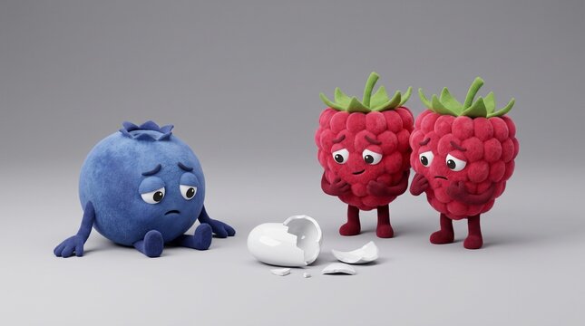 broken porcelain heart sits on the floor between a sad blueberry and a pair of raspberry standing close together