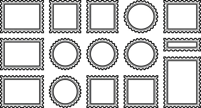 Blank postage stamp frames outline vector set isolated on white background geometric perforated borders collection for mail post letter graphic design