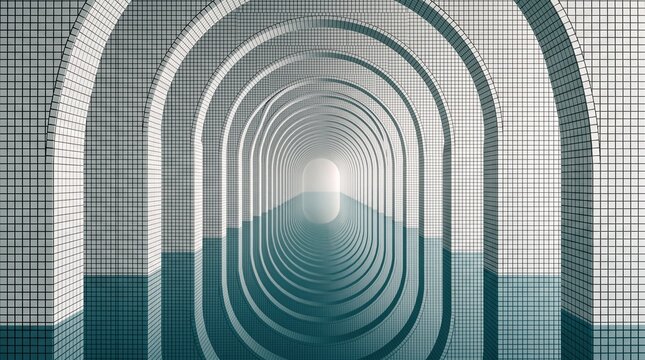 infinite archway tunnel made of white mosaic tiles, tunnel floor is a pool of teal water