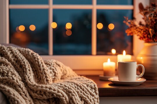 Cozy winter evening with warm coffee and a knitted blanket by the home window