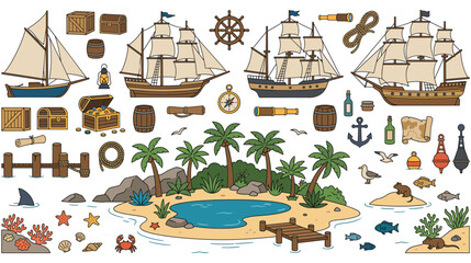 Pirate adventure elements set, treasure island and sailing ships collection. © SHUVO