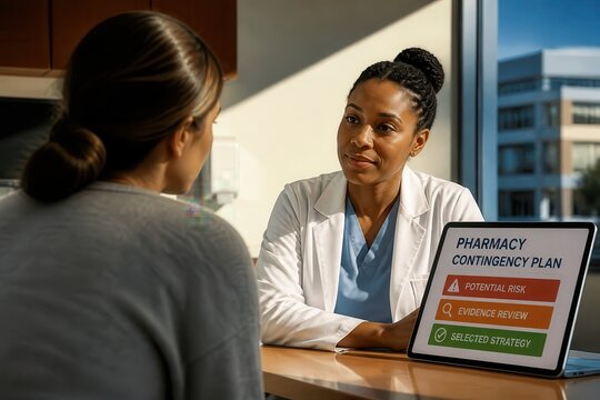 Pharmacist consulting patient on pharmacy contingency plan in modern clinic