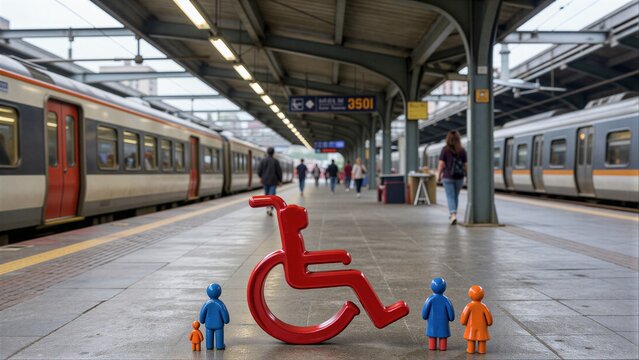 Train station platform with wheelchair symbol and small figurines.